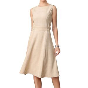 Women Linen Dress Sleeveless Boat Neck Adjustable Waist A Line Dress Beige
